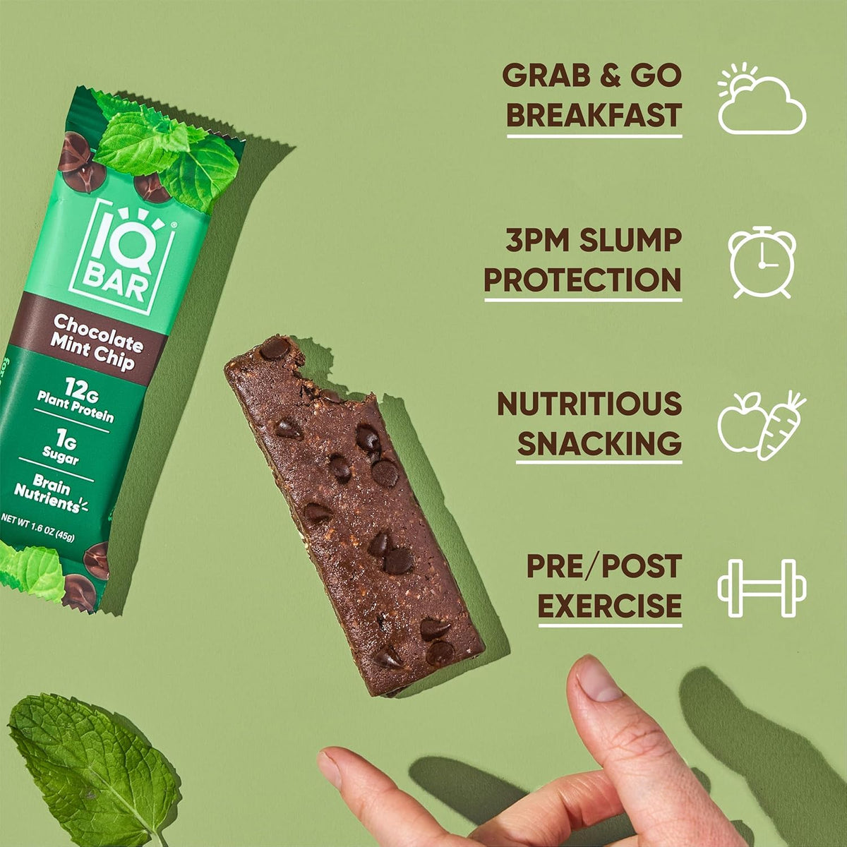 IQBAR Chocolate Mint Chip Plant Protein Bars – 12 Pack, 1.6 oz Each