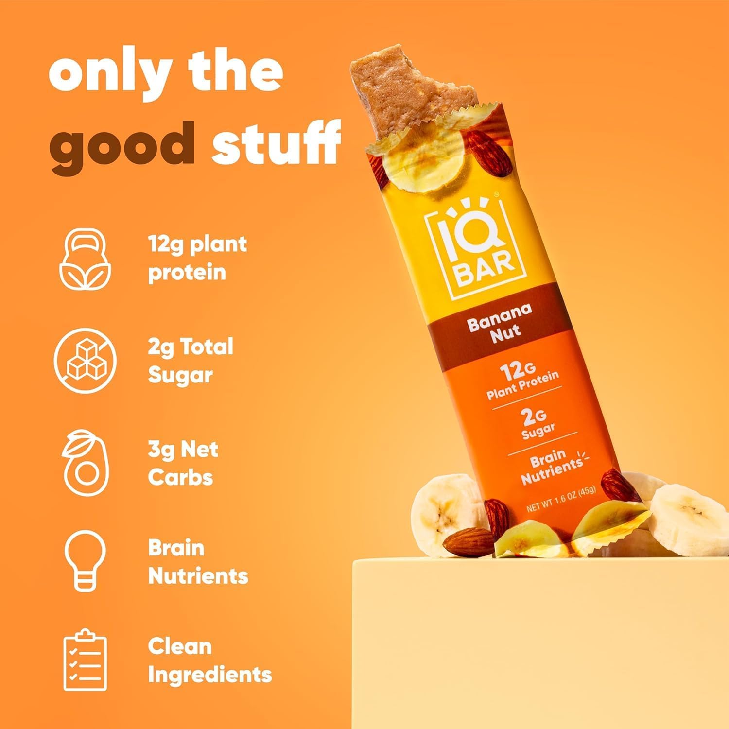 IQBAR Banana Nut Plant Protein Bars – 12 Pack, 1.6 oz Each