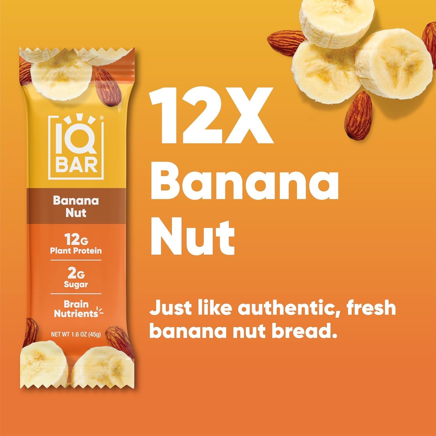 IQBAR Banana Nut Plant Protein Bars – 12 Pack, 1.6 oz Each
