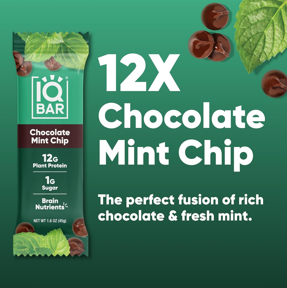 IQBAR Chocolate Mint Chip Plant Protein Bars – 12 Pack, 1.6 oz Each