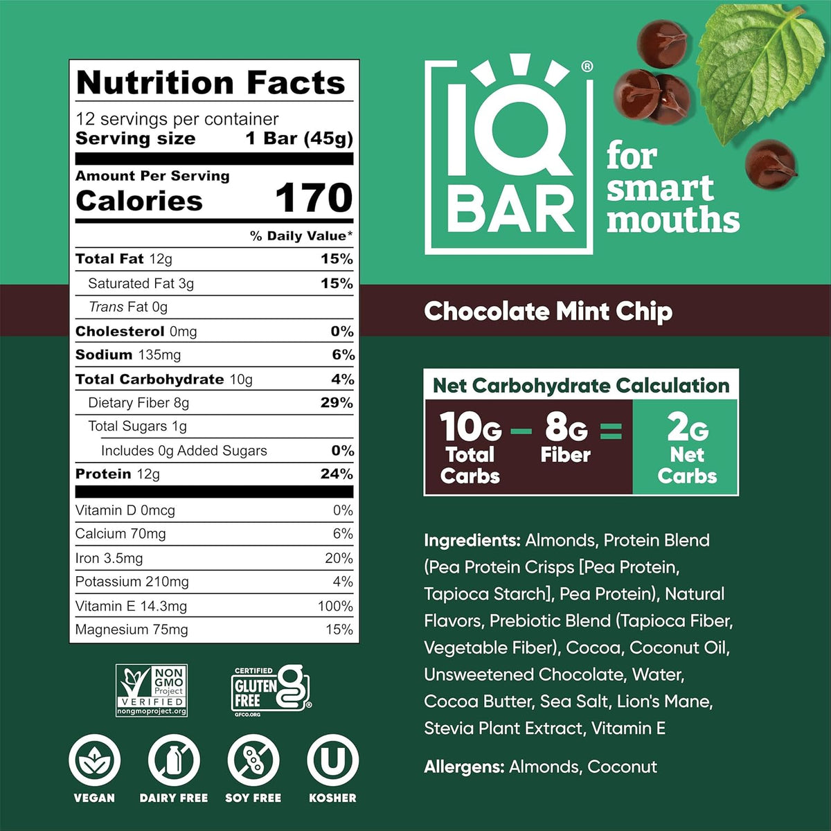 IQBAR Chocolate Mint Chip Plant Protein Bars – 12 Pack, 1.6 oz Each