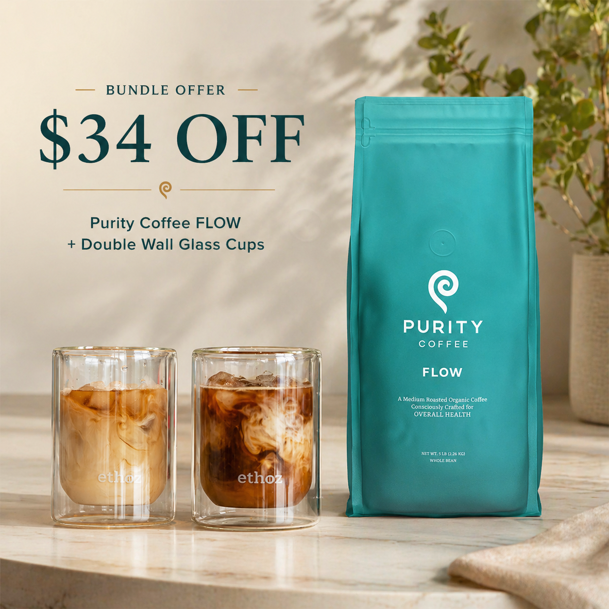 Purity FLOW Whole Bean Coffee 2268g + 2 Double Wall Glass Cups