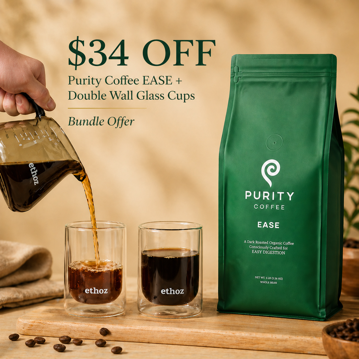 Purity EASE Whole Bean Coffee 2268g + 2 Double Wall Glass Cups