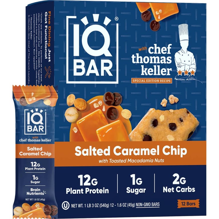 IQBAR Salted Caramel Chip Keto Protein Bars – 12 Pack, 1.6 oz Each